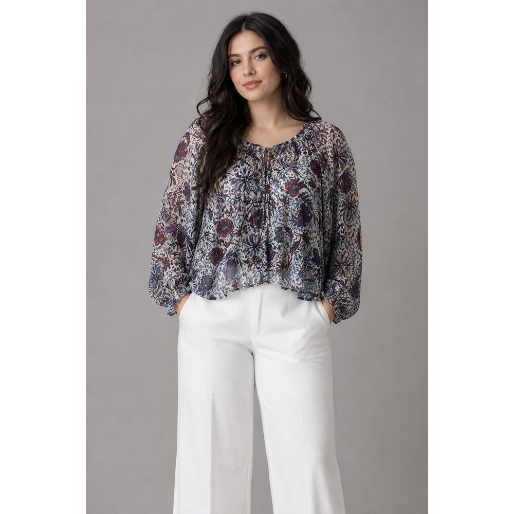 Let Me Be Blue Paisley Metallic Sheer Puff Sleeve Blouse Large Anthro